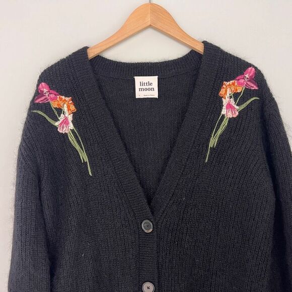 Aritzia Little Moon Small Black Wool Mohair Floral Applique Cardigan Sweater - Picture 2 of 7